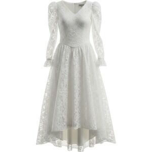 Lilia Smitty Vintage White Lace High Low Gown Puff Sleeve V-Neck Dress 2171 5/6